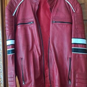 Men’s Red Leather Moto Jacket – Size L – Racing Style, Bold Stripes